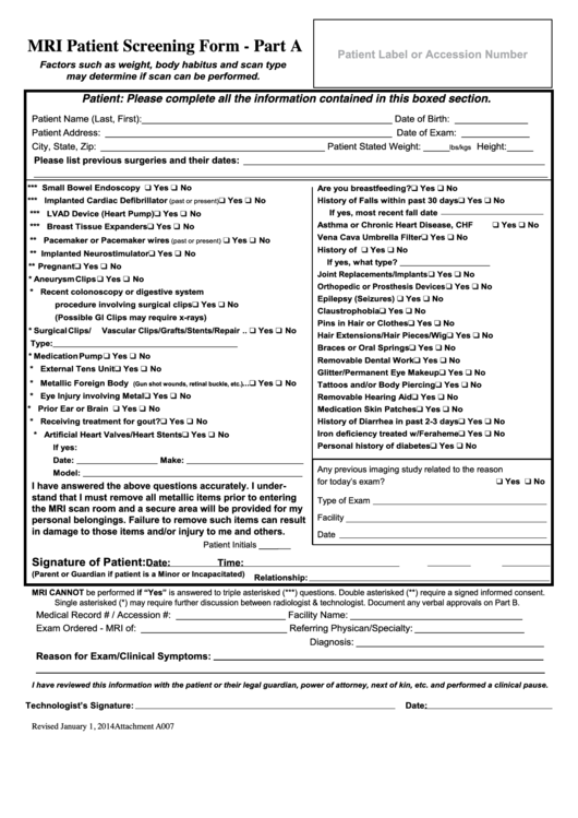 Mri Patient Screening Form Printable pdf