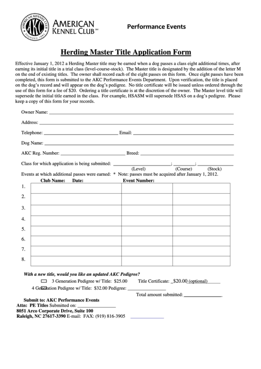 Herding Master Title Application Form Printable pdf