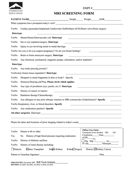 Mri Screening Form Printable pdf