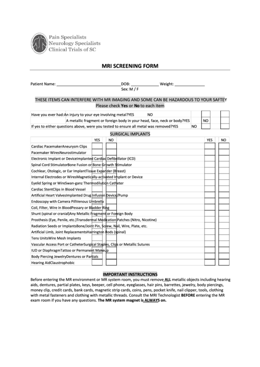 Mri Screening Form Printable pdf