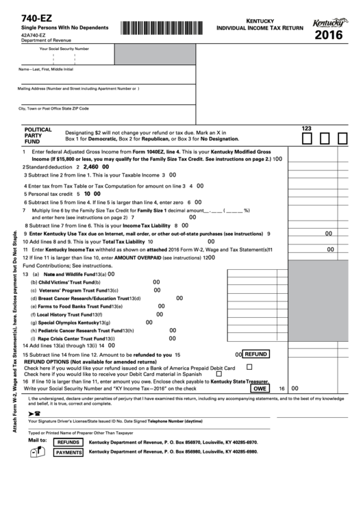 Form 740-Ez - Kentucky Individual Income Tax Return - 2016 Printable pdf