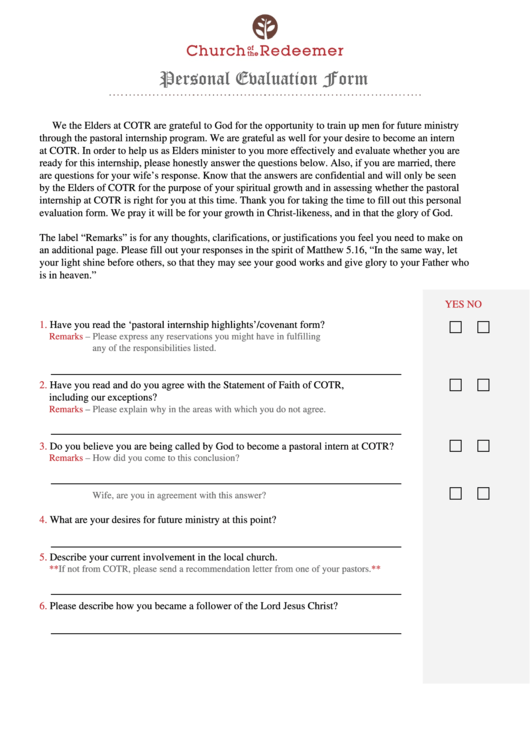 Personal Evaluation Form Printable pdf