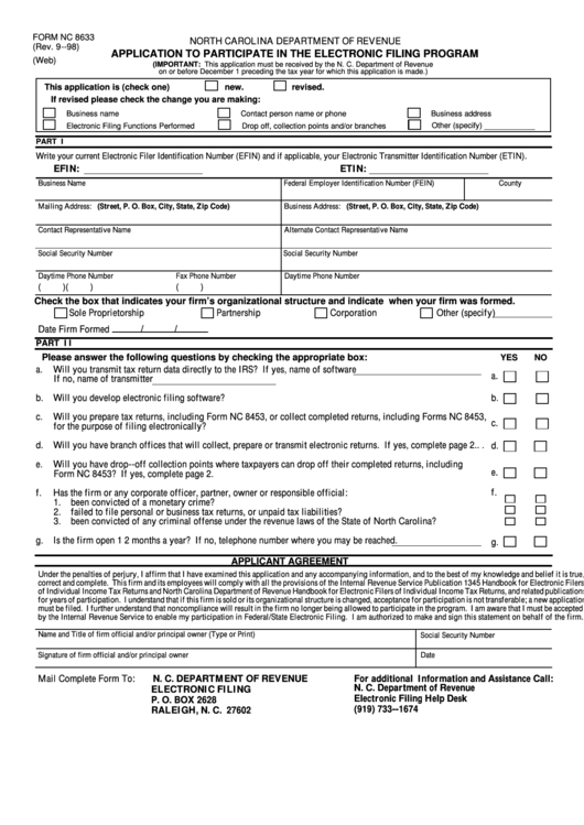 North Carolina Department Of Revenue (Form Nc 8633) Application To Participate In The Electronic Filing Program Printable pdf