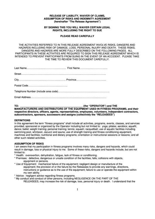 Release Of Liability, Waiver Of Claims, Assumption Of Risks And Indemnity Agreement Template Printable pdf