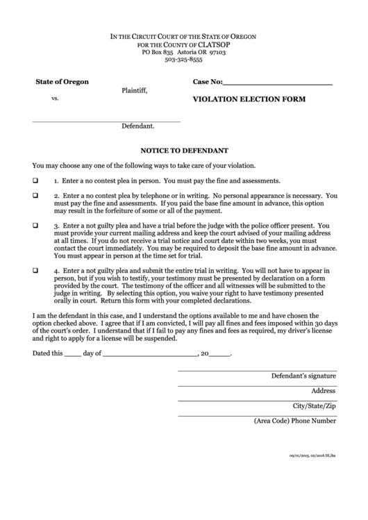 Violation Election Form - State Of Oregon County Of Clatsop