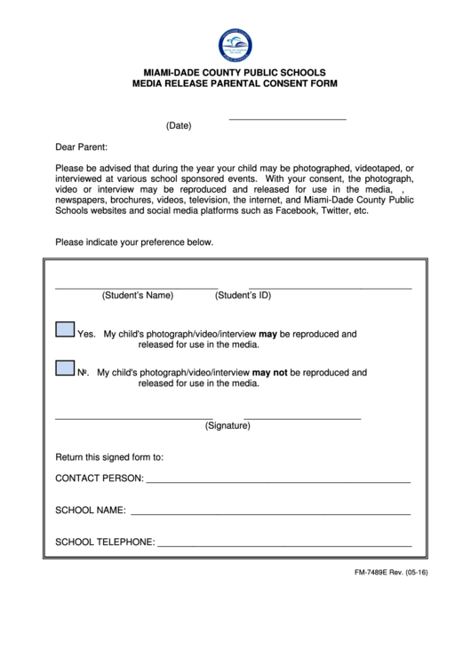 Fillable Miami-Dade County Public Schools Media Release Parental Consent Form Printable pdf