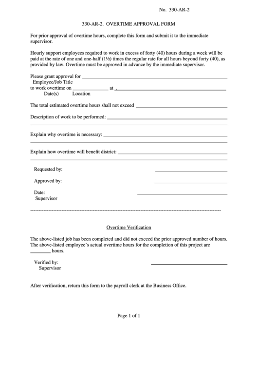 Overtime Approval Form 330-Ar-2 Printable pdf