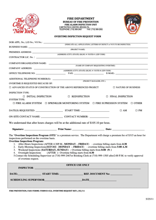 Fillable Request For Overtime Inspection - Fire Department Printable pdf