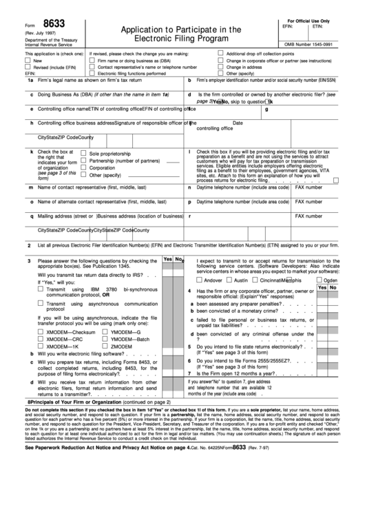 Form 8633 (Rev. July 1997) - Application To Participate In The Electronic Filing Program Printable pdf