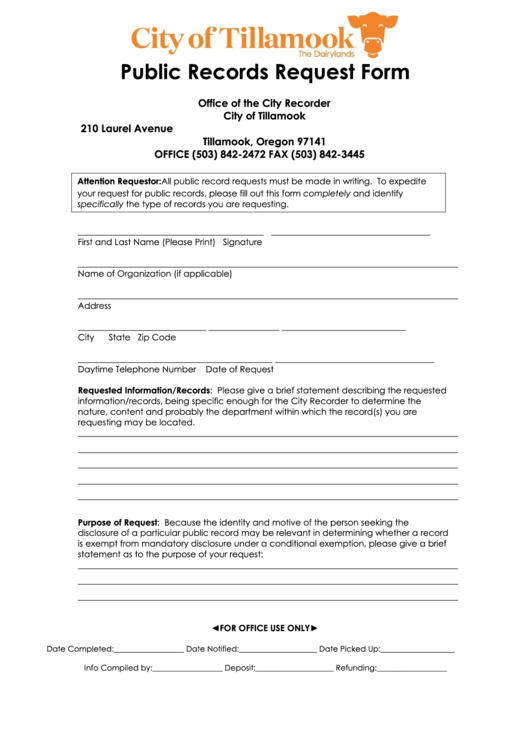 Public Records Request Form City Of Tillamook printable pdf download