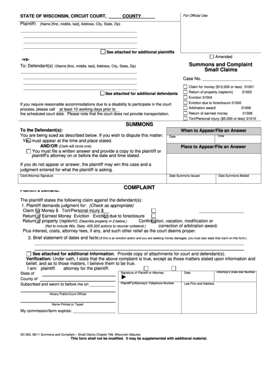 Sc-500: Summons And Complaint-Small Claims - Manitowoc County - State Of Wisconsin Printable pdf