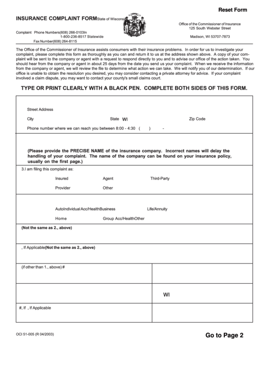Fillable Form Oci 51-005 - 2003 Wisconsin Insurance Complaint Form Printable pdf