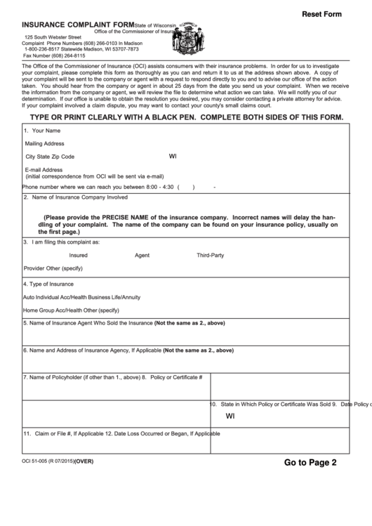 Form Oci 51-005 - 2015 Wisconsin Insurance Complaint Form Printable pdf