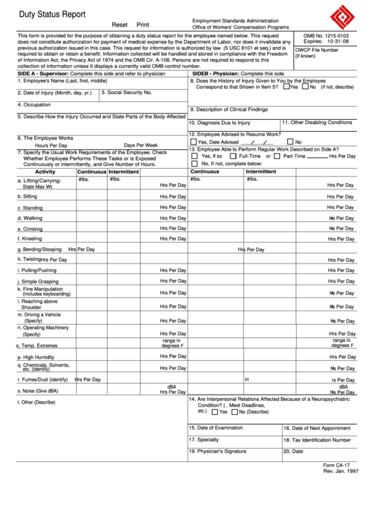 Fillable Ca17 Form Duty Status Report printable pdf download