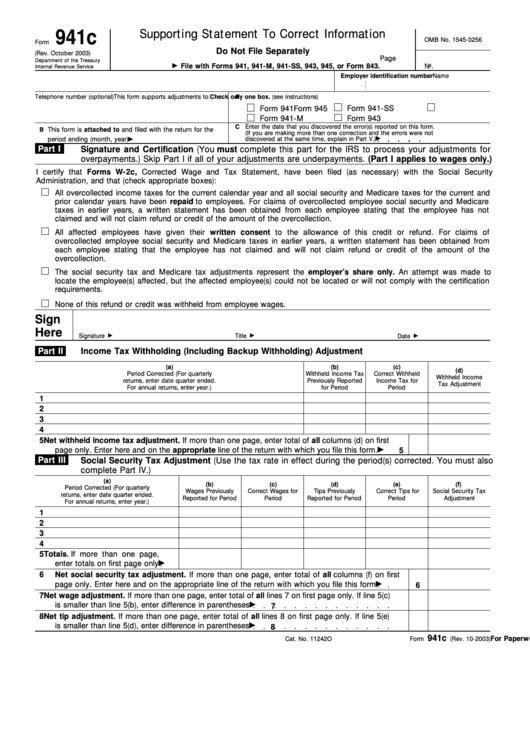 Fillable Form 941c - Supporting Statement To Correct Information - 2003 Printable pdf