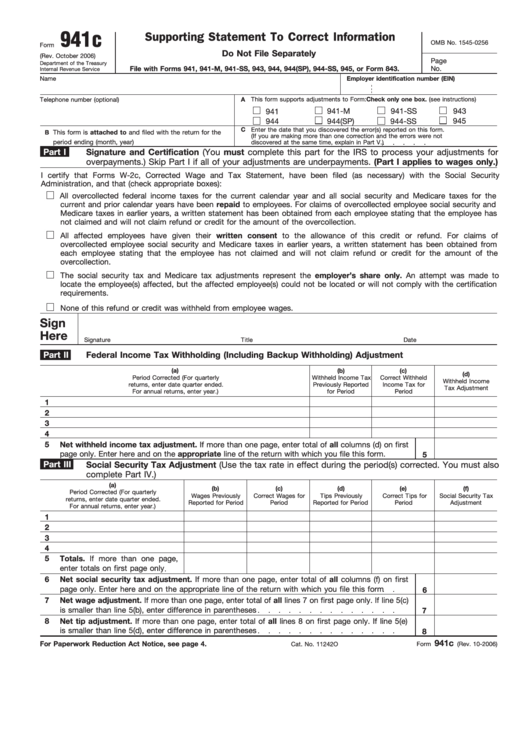 Fillable Form 941c - Supporting Statement To Correct Information - 2006 Printable pdf
