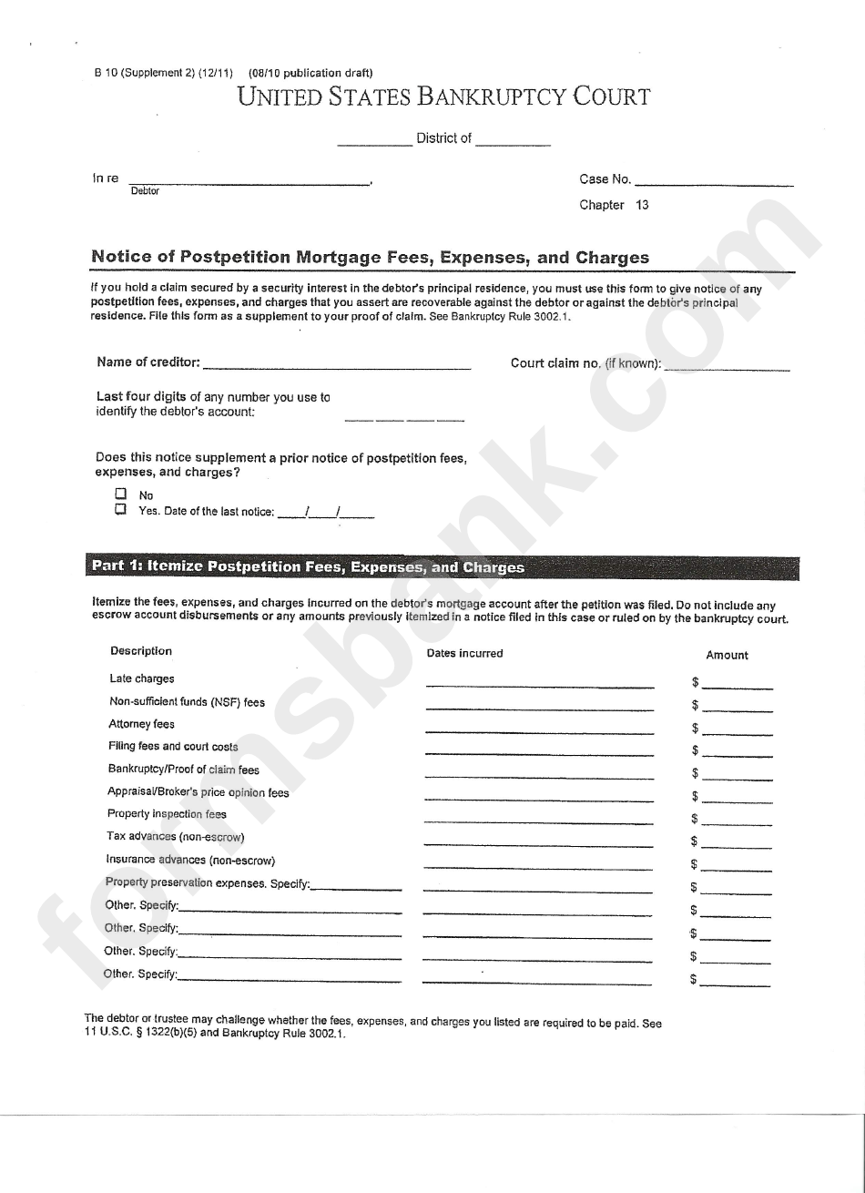 B10 Form - Notice Of Postpetition Mortgage Fees, Expenses, And Charges