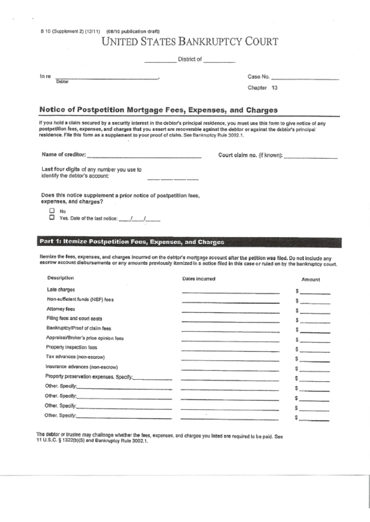 B10 Form - Notice Of Postpetition Mortgage Fees, Expenses, And Charges Printable pdf