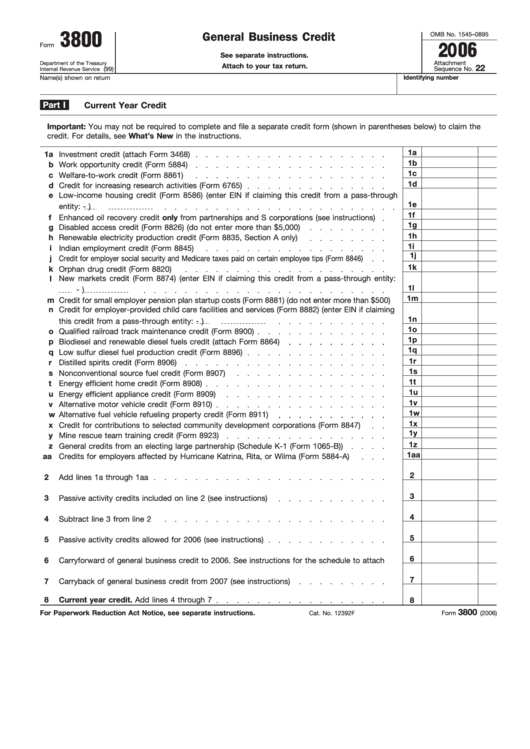 Fillable Form 3800 - General Business Credit (2006) Printable pdf