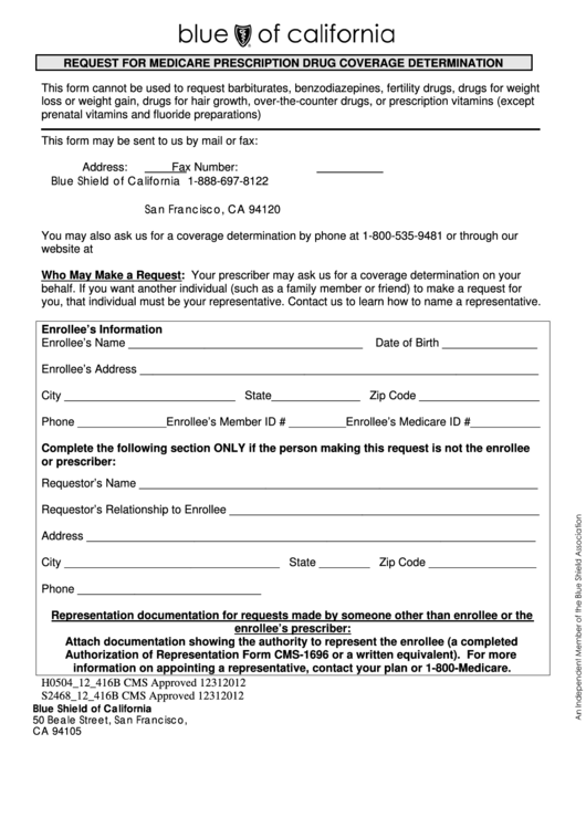 Request For Medicare Prescription Drug Coverage Determination Form - Blue Shield Of California Printable pdf