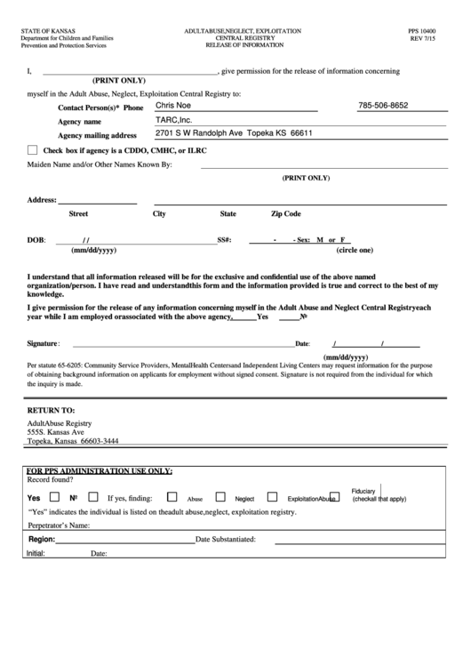 Form Pps 10400 - Adult Abuse, Neglect, Exploitation Central Registry Release Of Information