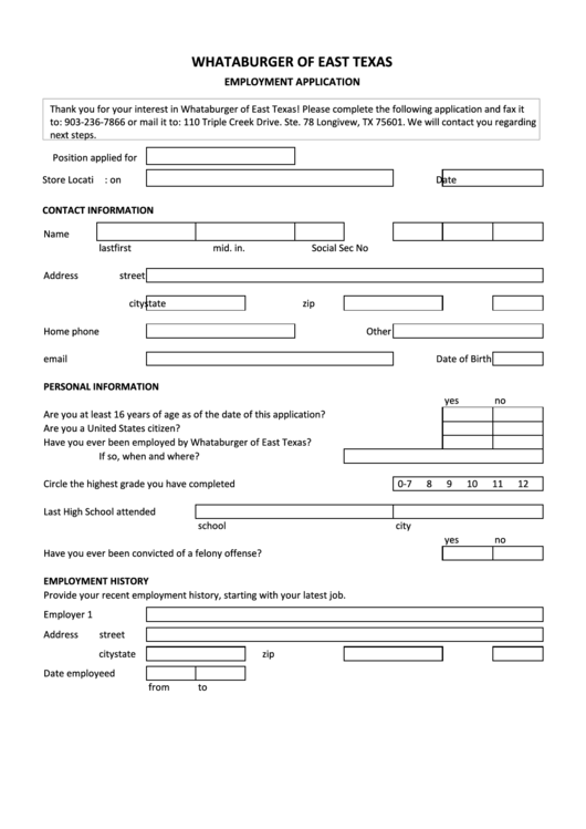 Whataburger Of East Texas Employment Application Printable pdf