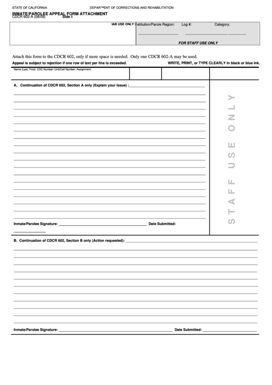 602 Appeal Form - Inmate/parolee Appeal Form Attachment Printable pdf
