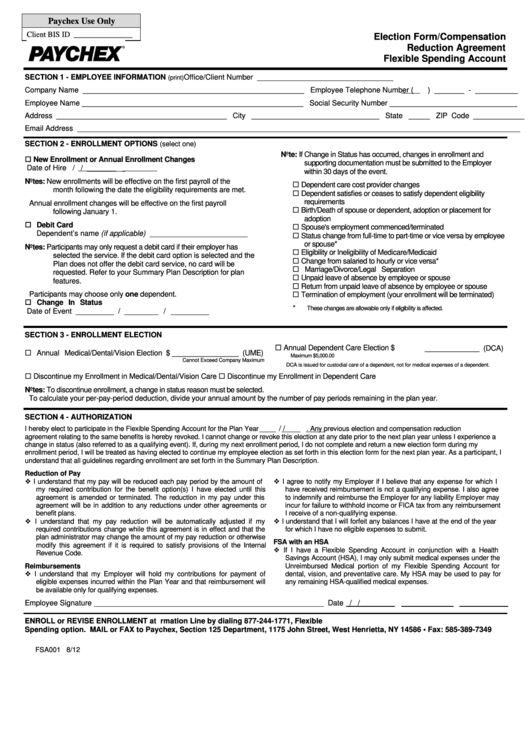 Fillable Form Fsa001 - Election Form/compensation Reduction Agreement (Paychex) - 2012 Printable pdf