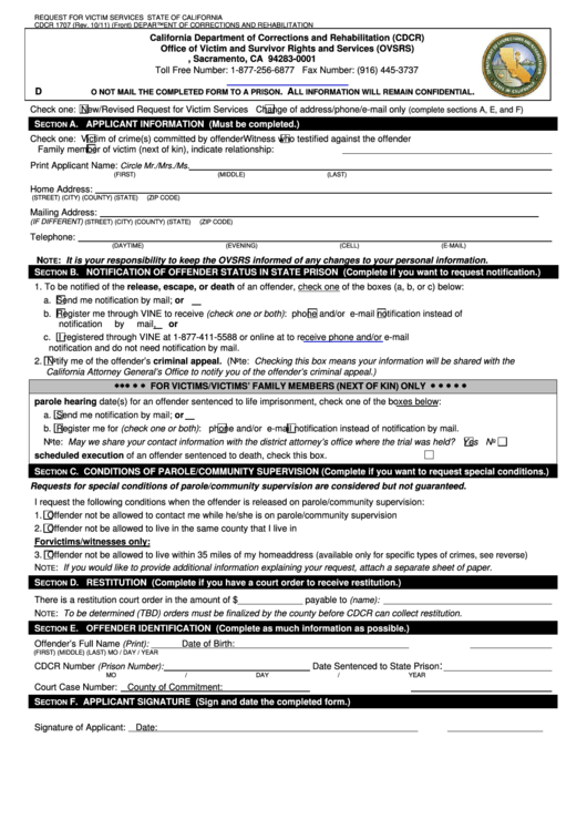 Fillable Request For Victim Services Cdcr 1707 - California Printable pdf