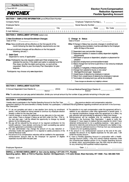 Form Fsa 001 - 2010 Election Form/compensation Reduction Agreement (Paychex) Printable pdf
