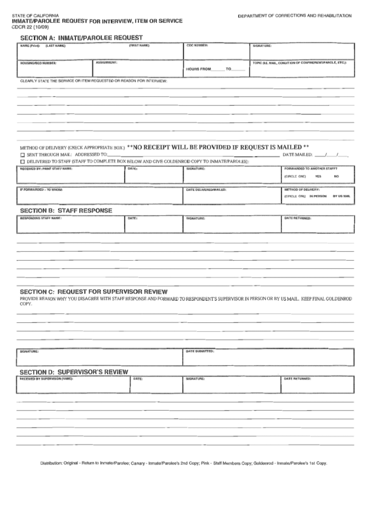 Cdcr 22 (10/09) - Inmate/parolee Request For Interview, Item Or Service Printable pdf