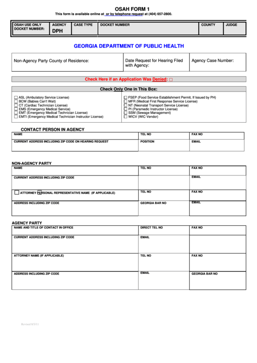 Osah Form 1 (Georgia Department Of Public Health) Printable pdf