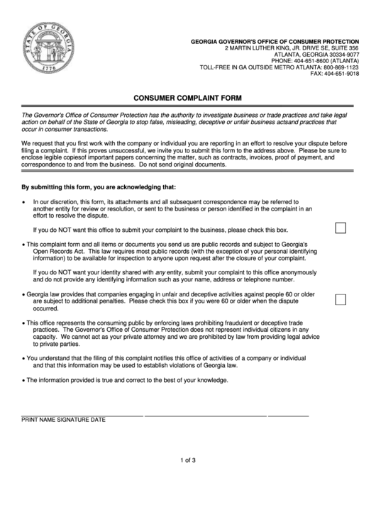 Consumer Complaint Form - Georgia Printable pdf