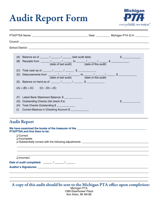 Michigan Pta Audit Report Form Printable pdf