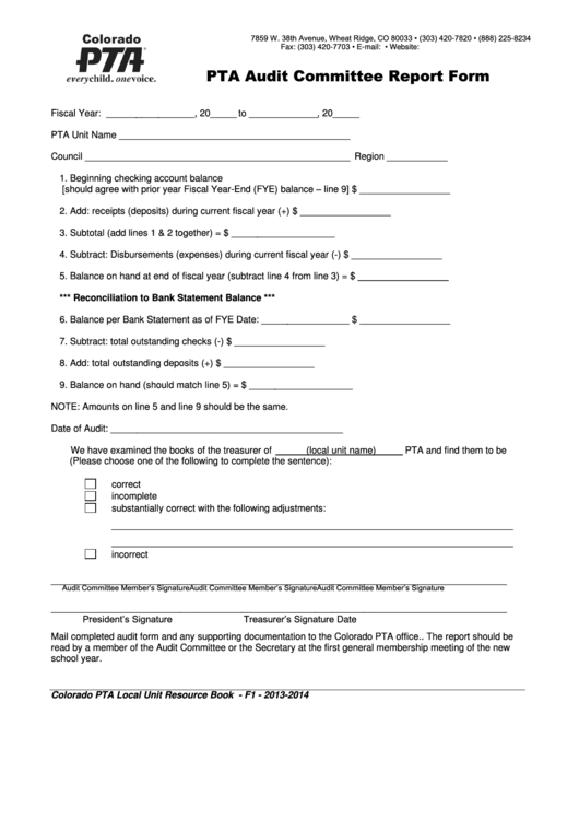 Pta Audit Committee Report Form Printable pdf