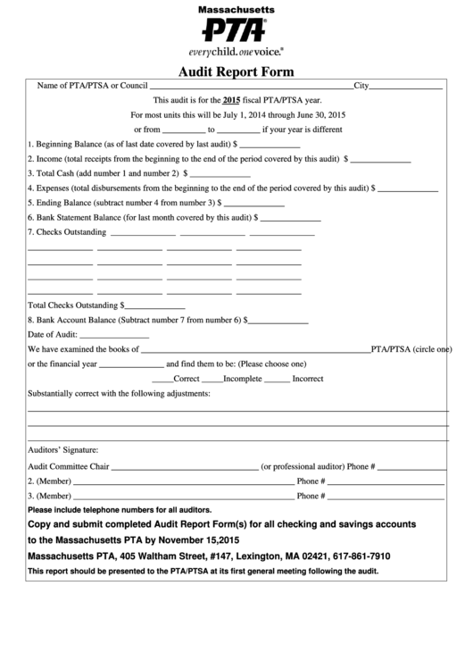 Pta Audit Report Form Printable pdf