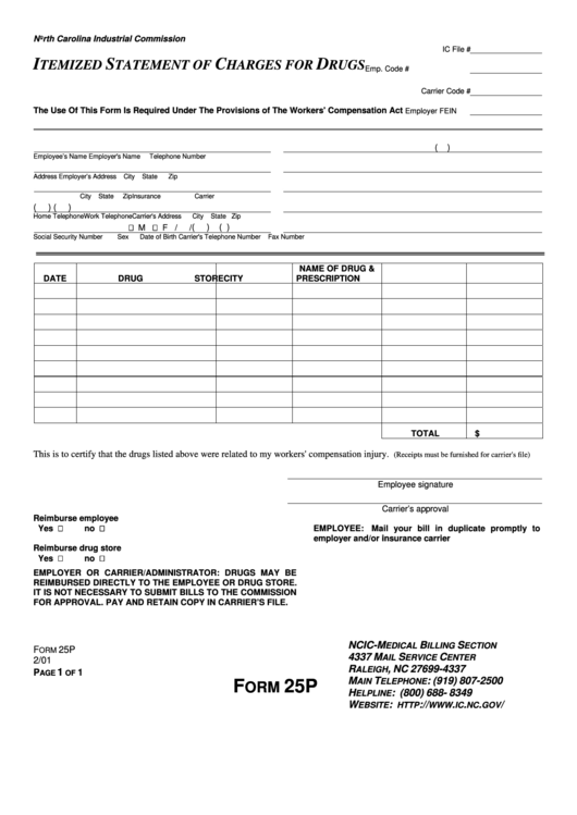 Fillable Form 25p - North Carolina Industrial Commission - Itemized Statement Of Charges For Drugs Printable pdf