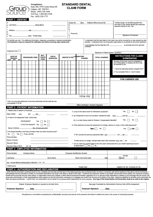 Fillable Standard Dental Claim Form Groupsource printable pdf download