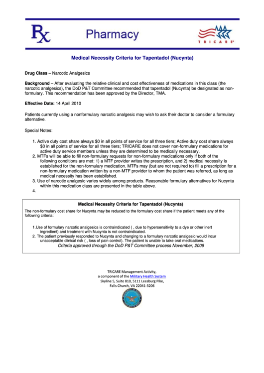 Fillable Us Family Health Plan Pharmacy Program Medical Necessity Form For Nucynta (Tapentadol) Printable pdf