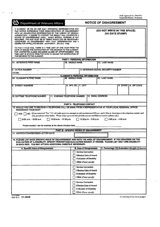 Va Form 21-0958 - Notice Of Disagreement Printable pdf