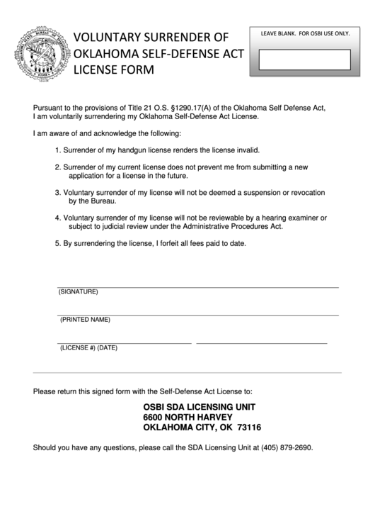 Voluntary Surrender Of Oklahoma Self-Defense Act License Form Printable pdf