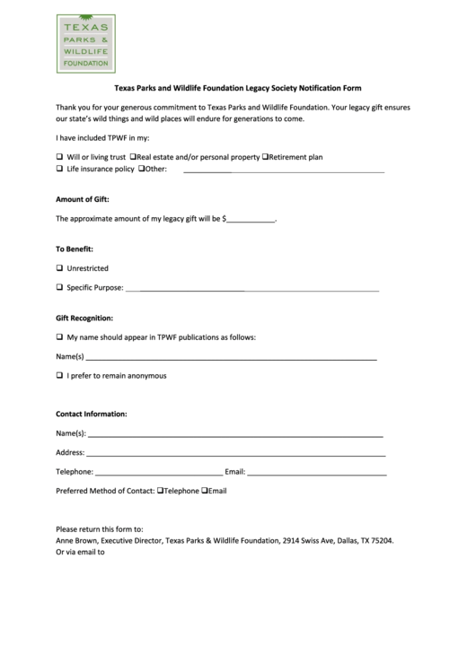 Texas Parks And Wildlife Foundation Legacy Society Notification Form Printable pdf