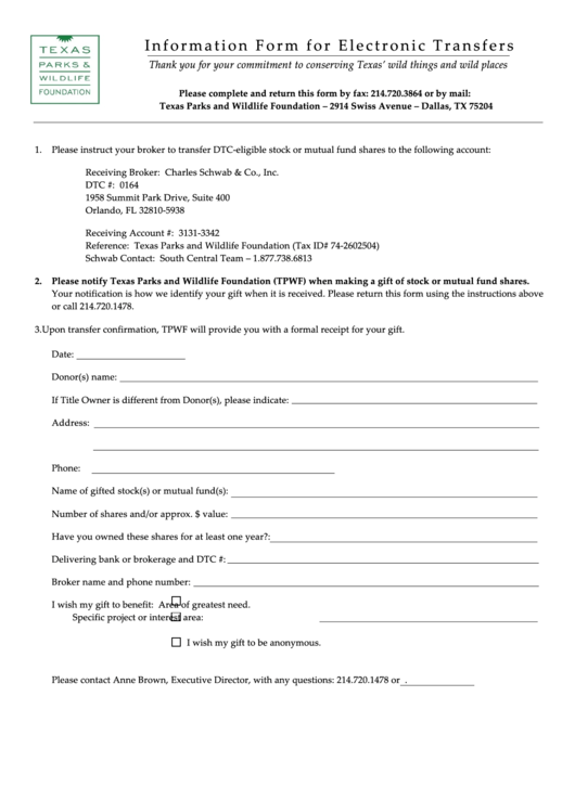 Fillable Information Form For Electronic Transfers - Texas Parks And Wildlife Printable pdf