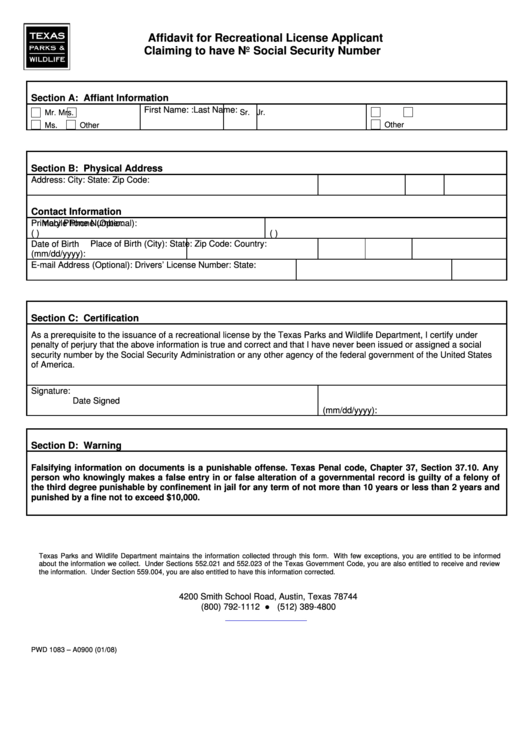 Fillable Form Pwd-1083 - Affidavit For Recreational License Applicant Claiming To Have No Social Security Number Printable pdf