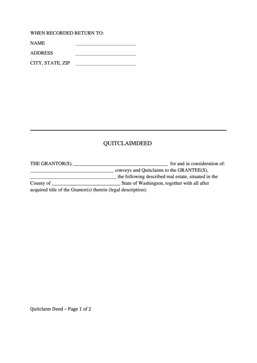 Fillable Quit Claim Deed Form - State Of Washington Printable pdf