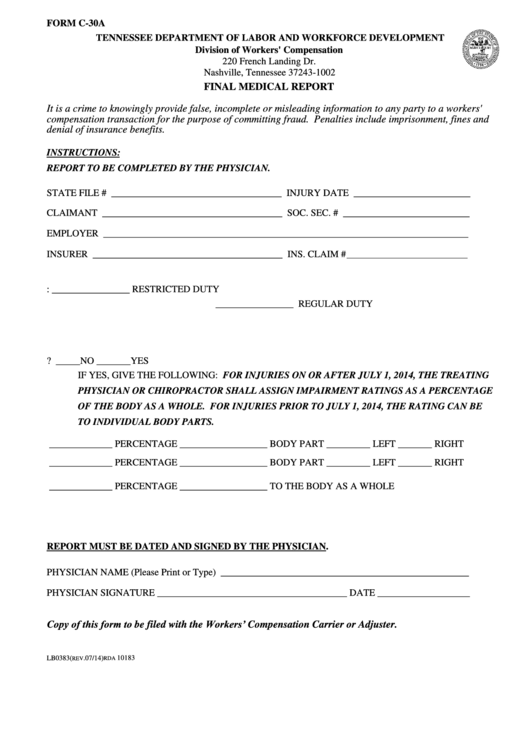 Fillable Form C-30a - Final Medical Report - State Of Tennessee Printable pdf