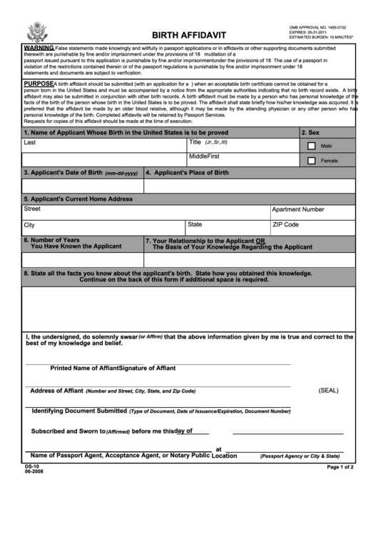 Fillable Birth Affidavit - U.s. Department Of State Printable pdf