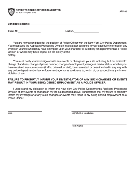 Apd-32 Form - Notice To Police Officer Candidates