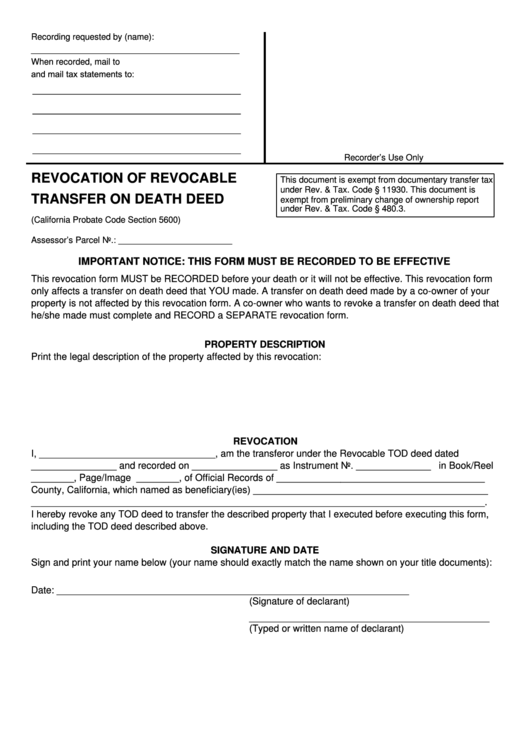 Fillable Revocation Of Revocable Transfer On Death Deed Form Printable Pdf Download