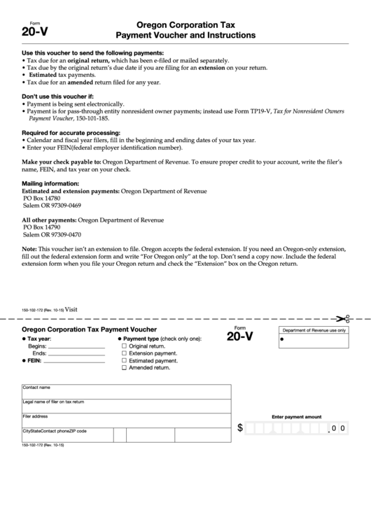 Fillable Form 20-V, Oregon Corporation Tax Payment Voucher Printable pdf